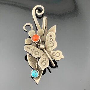 Butterfly Turquoise Coral Sterling Silver Necklace Pendant by Jerry Begay Navajo